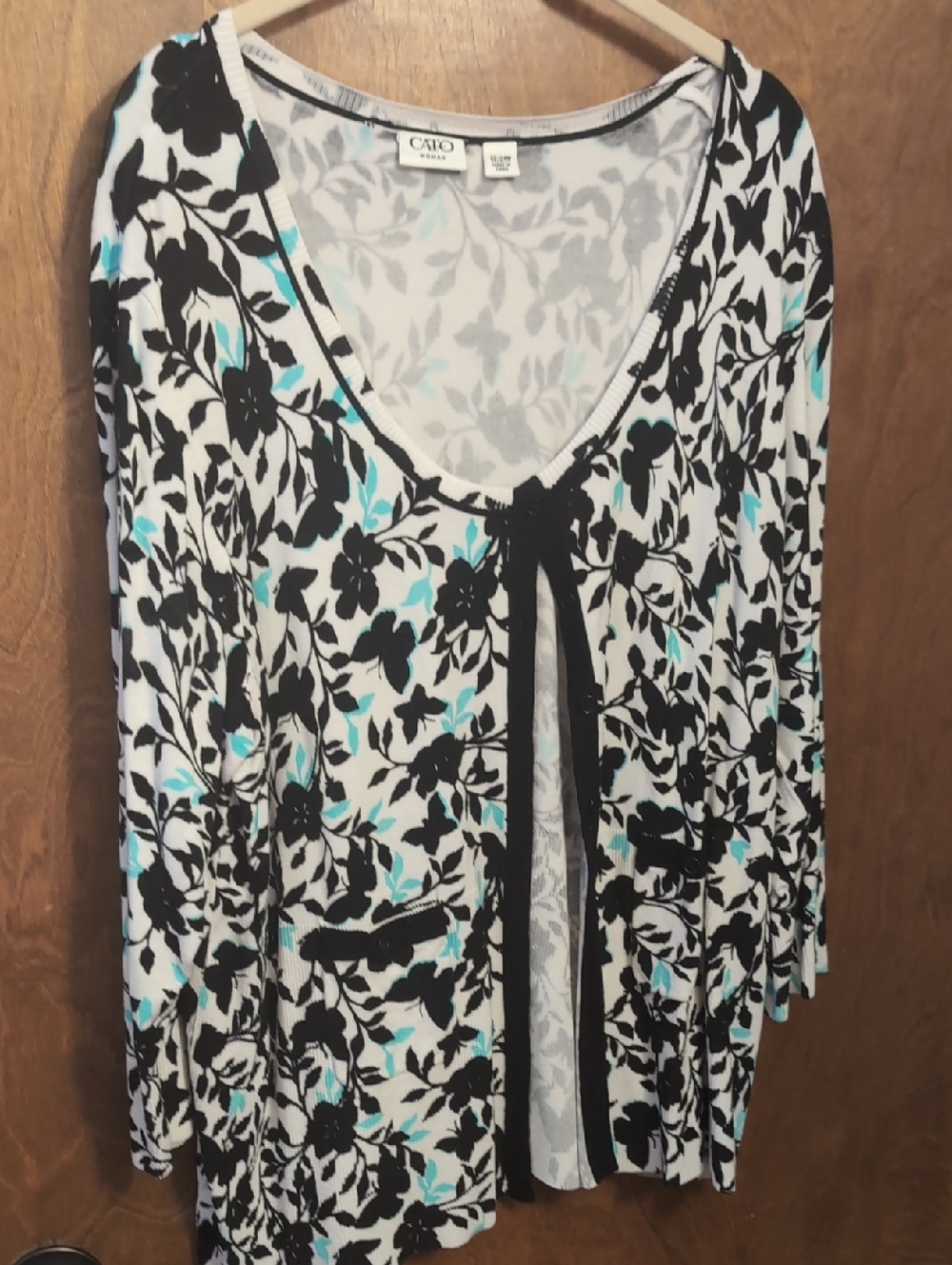 Cato Black, White & Teal Floral Tie-Front Tunic